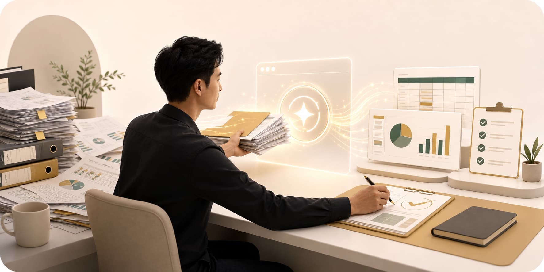 ภาพประกอบคนทำงานส่งงานให้ AI ช่วยทำแทน แล้วตรวจผลลัพธ์ก่อนนำไปใช้