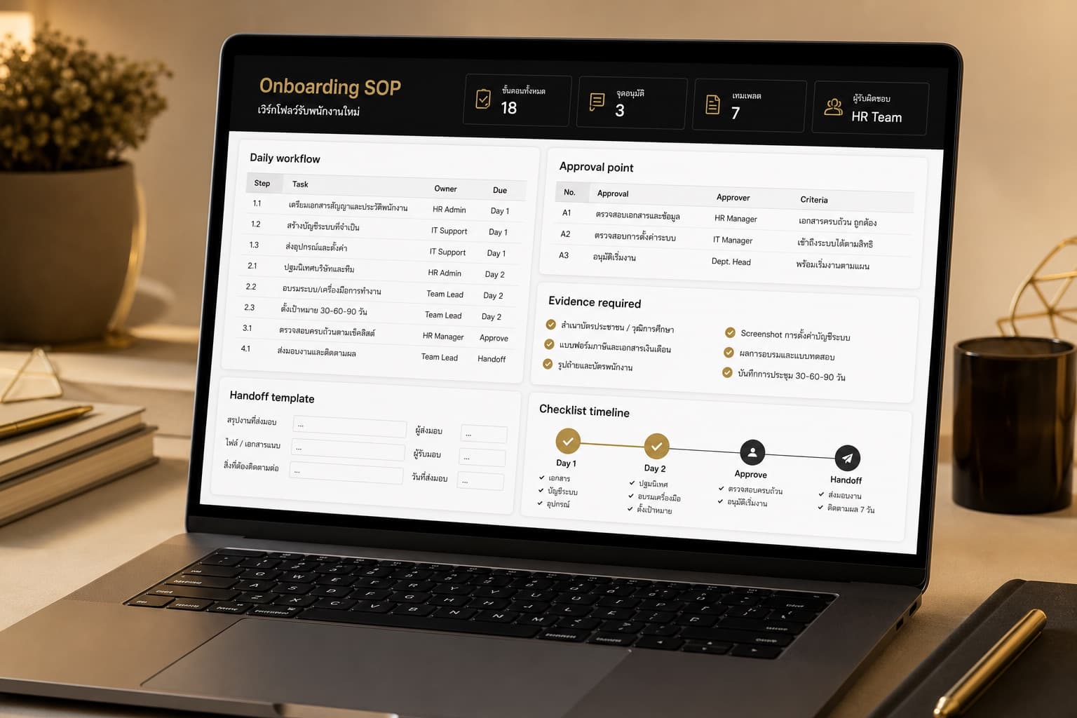 ตัวอย่างไฟล์ onboarding SOP พร้อมเวิร์คโฟลว์รายวัน จุดอนุมัติ และเทมเพลตส่งต่องาน