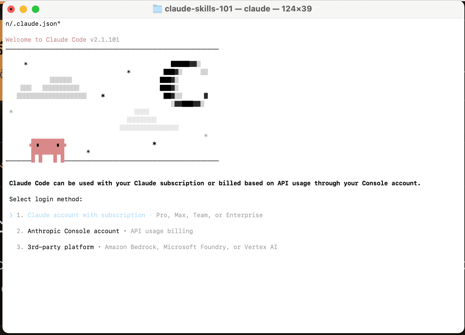 Select login method — choose the first option (Claude account with subscription) and press Enter